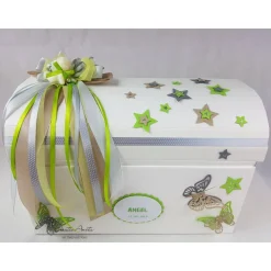 Erinnerungsbox Truhe zur Taufe - Geburt in grün-grau-taupe