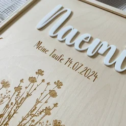 Erinnerungsbox zur Taufe aus Holz – 20x20 cm – mit Name, Datum und Motiv