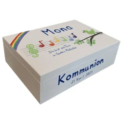 Erinnerungskiste „Du bist ein Ton in Gottes Melodie“ – Personalisierte Holzkiste zur Taufe, Geburt & Kommunion