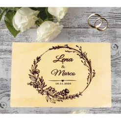 Erinnerungskiste Hochzeit Personalisiert - Hochzeitsgeschenk | Erinnerungskiste Holzkiste personalisiert Blumenkranz |