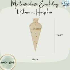Erste Klasse Meilensteinkarte Herzchen aus Lindenholz – Perfekt zur Einschulung & als Geschenk, Schultütenform