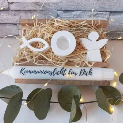 Erstkommunion Geschenkset – Handgemachte Deko & Kerze zur Kommunion