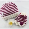 Erstlingsset  Baby Mütze und Handschuhe  weiss/beerefarben gestreift