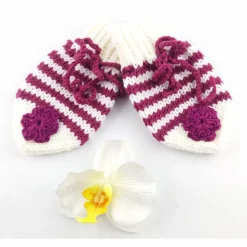 Erstlingsset  Baby Mütze und Handschuhe  weiss/beerefarben gestreift