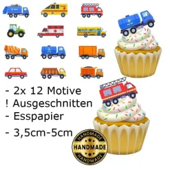 Essbare Muffinaufleger ausgeschnitten. Auto LKW Feuerwehr Traktor 2x12 Stück Tortendeko Tortenbild Kindergeburtstag