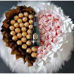 Essbarer Blumenstrauß - Black_White , Raffaello + Ferrero Rocher + Trocken Sekt