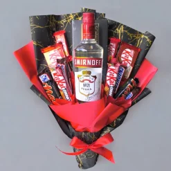 Essbarer  Blumenstrauß - Smirnoff Vodka, Snickers, Mars, KitKat, MonCherie