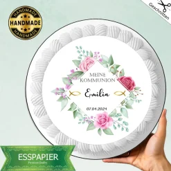 Essbarer Tortenaufleger Meine Kommunion mit Name und Datum Goldene Fische Blumen und Grüne Blätter