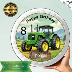 Essbarer Tortenaufleger Traktor Happy Birthday grün  Geburtstag  mit Name und Zahl Tortendeko Esspapier rund geschnitten