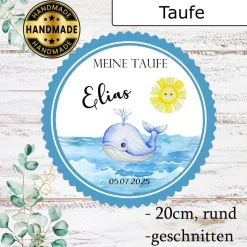 Essbarer Tortenaufleger Taufe Walfisch mit Name und Datum Junge Sonne Esspapier