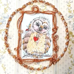 Eule mit Herz handgemalt Minibild funkelnd gerahmt kupfer rotgold Eulenbild