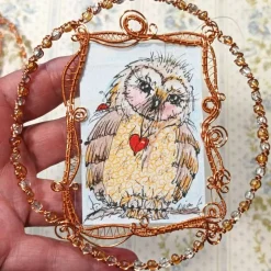 Eule mit Herz handgemalt Minibild funkelnd gerahmt kupfer rotgold Eulenbild