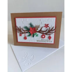 Exklusive Weihnachtskarte Hirschgeweih Braun Grün Rot Weiß – Handgemacht & Edle Deko