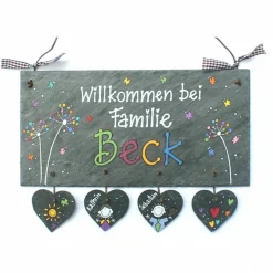 exklusives Geburtstagsgeschenk individuell personalisiert, Türschild aus Schiefer mit Name, Schieferschild für Wohnungstür & Hauseingang, wetterfestes Willkommensschild Pusteblumen