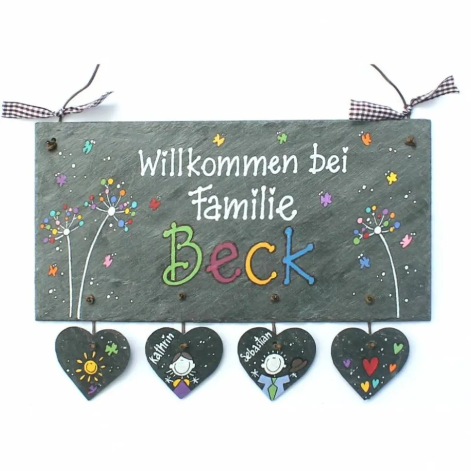 exklusives Geburtstagsgeschenk individuell personalisiert, Türschild aus Schiefer mit Name, Schieferschild für Wohnungstür & Hauseingang, wetterfestes Willkommensschild Pusteblumen
