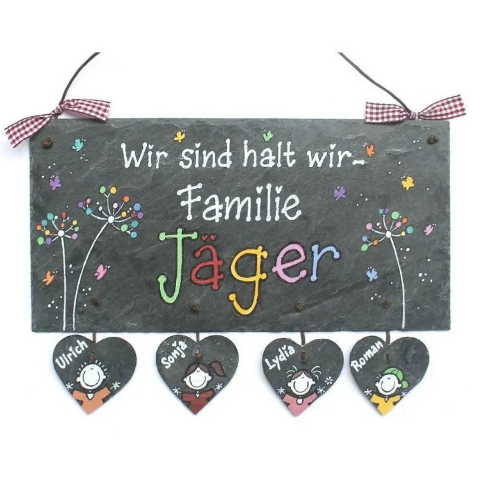 exklusives Geburtstagsgeschenk individuell personalisiert, Türschild aus Schiefer mit Name, Schieferschild für Wohnungstür & Hauseingang, wetterfestes Willkommensschild Pusteblumen