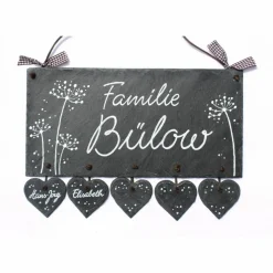 exklusives Geburtstagsgeschenk: Türschild aus Schiefer, für Familien, personalisiert mit Namen, Wetterfestes Schieferschild Pusteblumen für die Haustür der Wohnung und den Eingang am Haus