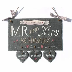 exklusives Hochzeitsgeschenk Türschild aus Schiefer mit Name personalisiert, geniale Geschenkidee Hochzeit, liebevoll handgemalt, Schieferschild für Paare, wetterfest & individuell