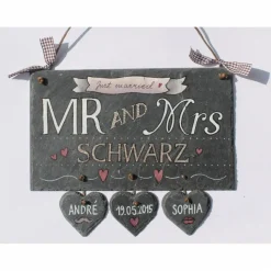 exklusives Hochzeitsgeschenk Türschild aus Schiefer mit Name personalisiert, geniale Geschenkidee Hochzeit, liebevoll handgemalt, Schieferschild für Paare, wetterfest & individuell
