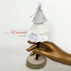 Exlusive Dekobäumchen mit Holzfuß weiß gold – Handgemachte Weihnachtsdeko in 3 Größen