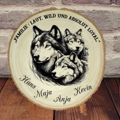 Familiengeschenk,Baumscheibe mit Lasergravur, Wolfsbild,Wanddeko,Tischdeko,Türschild,