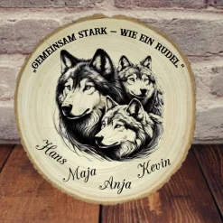Familiengeschenk,Baumscheibe mit Lasergravur, Wolfsbild,Wanddeko,Tischdeko,Türschild,