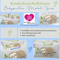 Faultierkissen Sloth Namenskissen Taufkissen Kuschelkissen Kindergartenkissen Geburtsgeschenk Kinderkissen Taufgeschenk