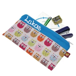 Federmäppchen Eulenfamilie blau mit Namen personalisiert Mäppchen Schulmäppchen Brillenetui Schlampermäppchen Etui
