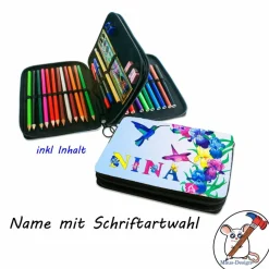 Federmäppchen inkl. Inhalt Motiv Kolibri mit Name / personalisierbar / Blume / Vogel