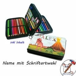 Federmäppchen inkl. Inhalt Motiv Dino mit Name / personalisierbar / Dinosaurier / T-Rex / Stegosaurus