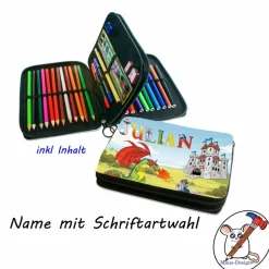 Federmäppchen inkl. Inhalt  Ritter & Drache mit Name / Burg / Schloß / personalisierbar
