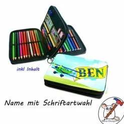 Federmäppchen inkl. Inhalt Motiv Flugzeug mit Name / personalisierbar