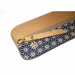 Federmäppchen Leder & Stoff „Asanoha” blau beige