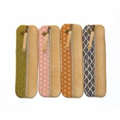 Federmäppchen Leder & Stoff „Asanoha” blau beige