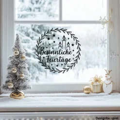 Fensterbild Kranz Aufkleber Besinnliche Feiertage| Winterzeit Deko für Advent und Weihnachten, Exklusiv