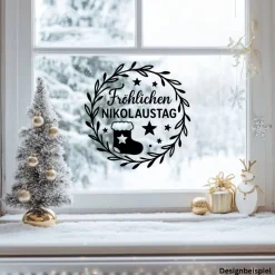 Fensterbild Kranz Aufkleber Fröhlichen Nikolaustag | Winterzeit Deko Adventzeit und Nikolaus , Exklusiv
