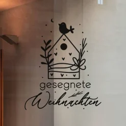 Fensterdeko Schriftzug gesegnete Weihnachten Fensterbild Weihnachtsdekoration Häuschen Vogel 2 Farben 3 Größen