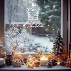Fensterdeko Schriftzug gesegnete Weihnachten Fensterbild Weihnachtsdekoration Häuschen Vogel 2 Farben 3 Größen