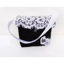 festliche Tasche , Samttasche schwarz weiß  , Spitzentasche , Unikat