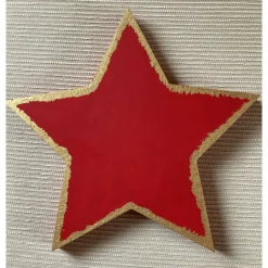 Festlicher Holzstern, Adventszweig auf rotem Grund, bemalter und verzierter Holzstern