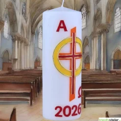 Feuer des Glaubens – christliche Osterkerze mit Kreuz & goldgelbem Sonnenring, handverzierte Echtwachskunst