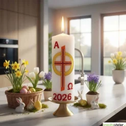 Feuer des Glaubens – christliche Osterkerze mit Kreuz & goldgelbem Sonnenring, handverzierte Echtwachskunst