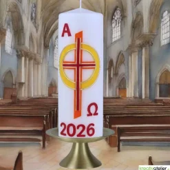 Feuer des Glaubens – christliche Osterkerze mit Kreuz & goldgelbem Sonnenring, handverzierte Echtwachskunst