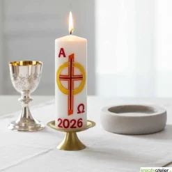 Feuer des Glaubens – christliche Osterkerze mit Kreuz & goldgelbem Sonnenring, handverzierte Echtwachskunst