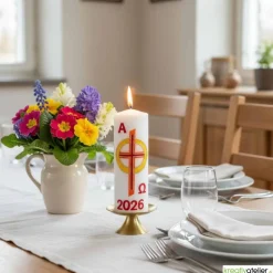 Feuer des Glaubens – christliche Osterkerze mit Kreuz & goldgelbem Sonnenring, handverzierte Echtwachskunst