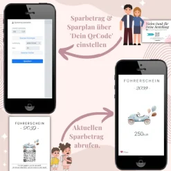 Führerschein Zuschuss | Geldgeschenk | Personalisiertes Virtuelles Sparbuch | QrCode Bild | Auto Blau