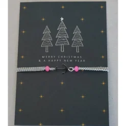 Filigran geknüpftes Armband in Grau mit Anker-Element in Silber, Glasschliffperlen in Rosa, Weihnachtskarte