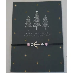Filigranes Armband in Schwarz mit Anker-Element in Silber, Glasschliffperlen in Rosa und Weihnachtskarte