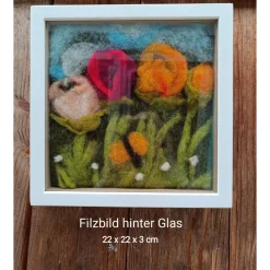 Filzkunst, Filzblumen, Osterbild, gefilzt im 3-D- Bilderrahmen