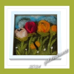 Filzkunst, Filzblumen, Osterbild, gefilzt im 3-D- Bilderrahmen